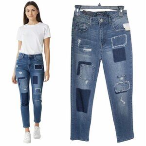 ⭐April Jeans Womens Size 9 Mid Rise Skinny Distressed Patches Medium Wash Denim